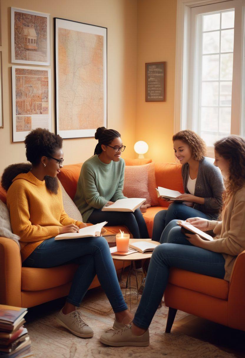A warm, inviting scene of a diverse group of college students sitting in a cozy lounge, engaged in open conversation about relationships and dating. Include elements like books and notebooks illustrating healthy communication, a soft light ambiance to evoke comfort, and symbols of love, respect, and personal growth. Add subtle accents of vibrant colors to enhance the mood. super-realistic. warm tones. cozy atmosphere.