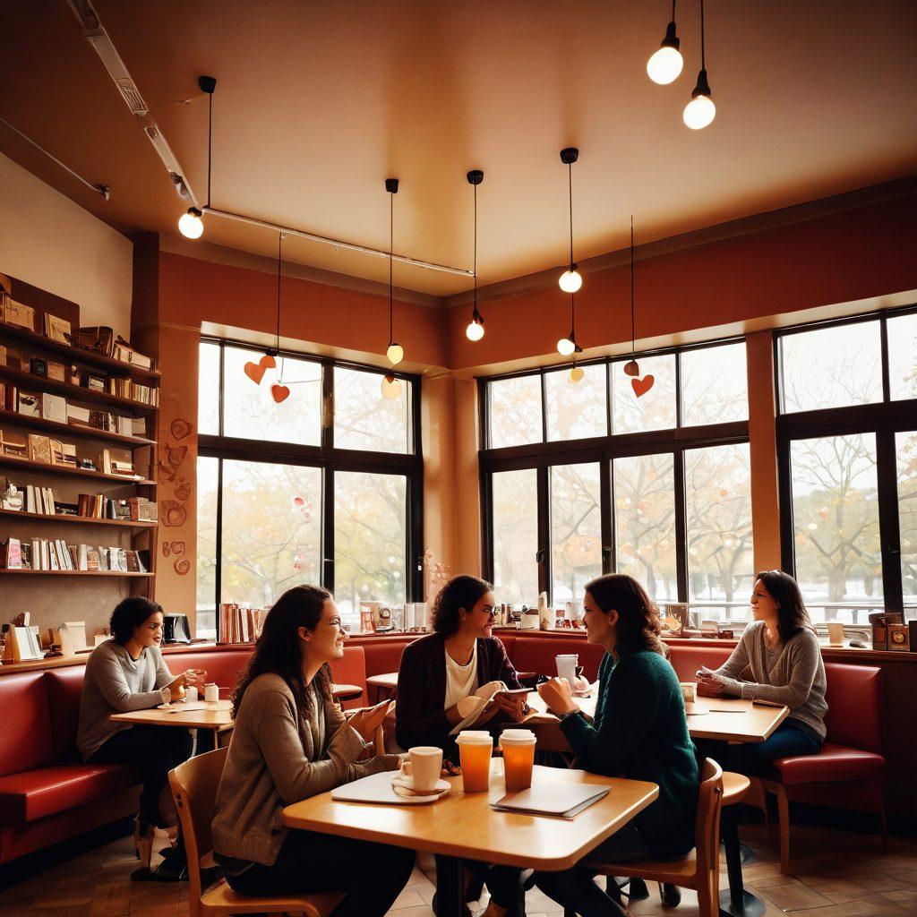 A cozy university café scene, with diverse students engaged in deep conversations about love and relationships. Include elements like open books, coffee cups, and heart-shaped doodles in the air. A soft, warm lighting ambiance highlighting the intimacy of the moment. Represent a vibrant atmosphere of connection and partnership. super-realistic. warm colors. soft focus.